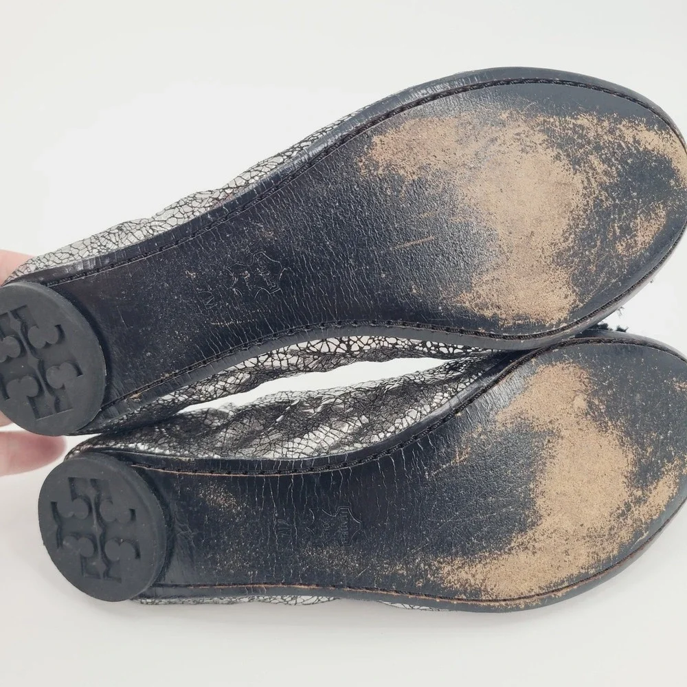 Tory Burch Crackle Leather Amelia Jeweled Crystal‎ Bow Round Toe Flats Size 7M
